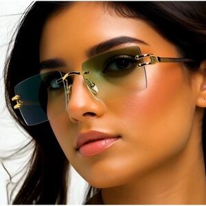 Frameless Square Women Sunglasses Gold Frame Green Tint Lens‎ Chic Lentes Gafas